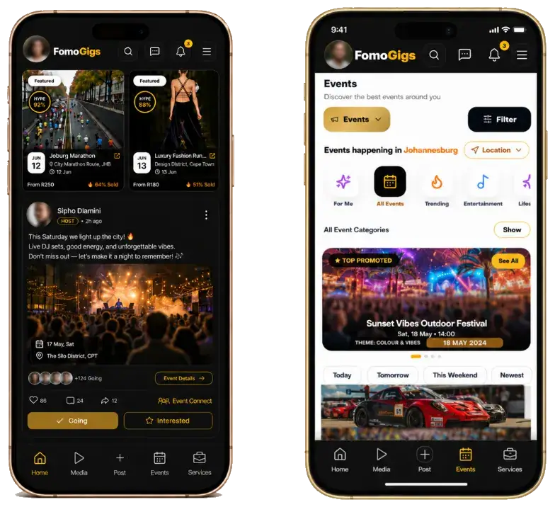 FomoGigs Home Event post and Events discovery mockups