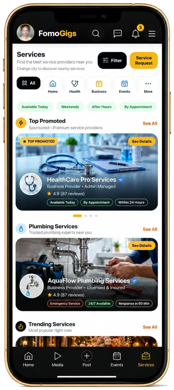 FomoGigs Services discovery mockup supplied by user
