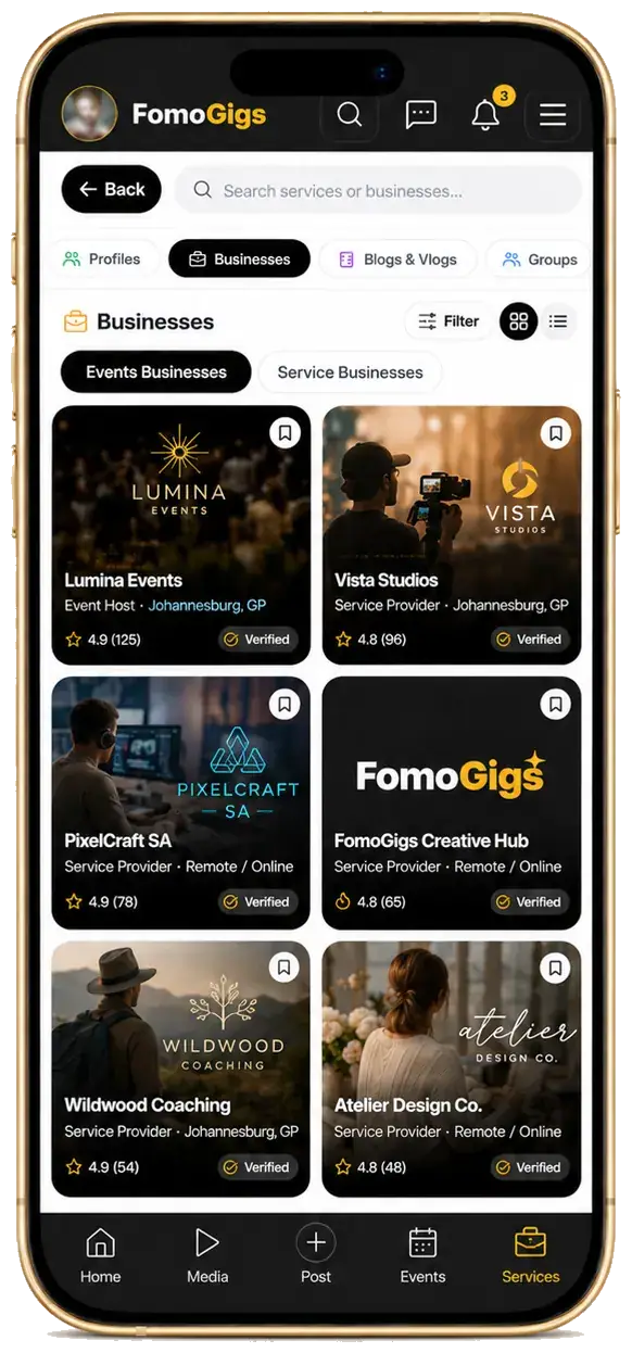 FomoGigs Businesses discovery mockup supplied by user