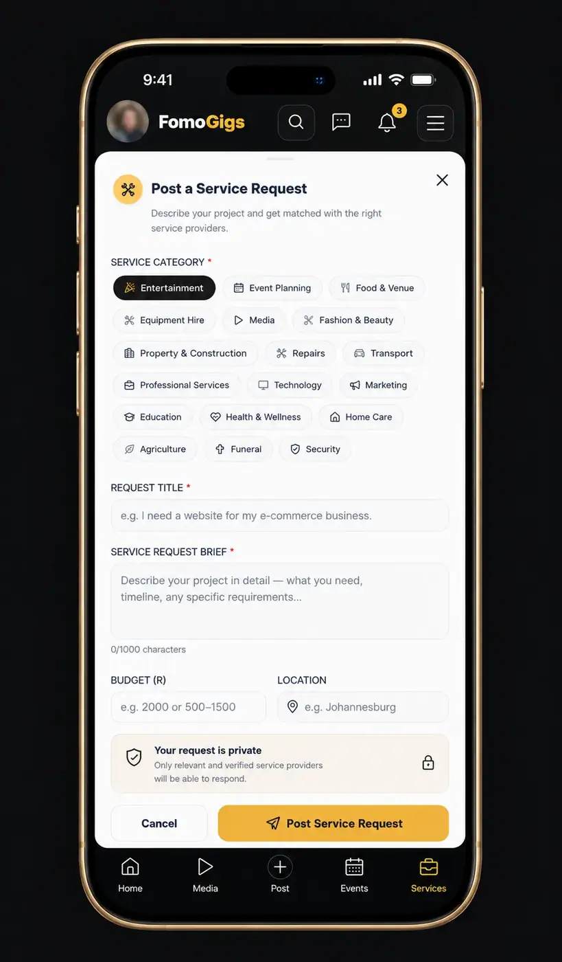 FomoGigs Post a Service Request mockup supplied by user