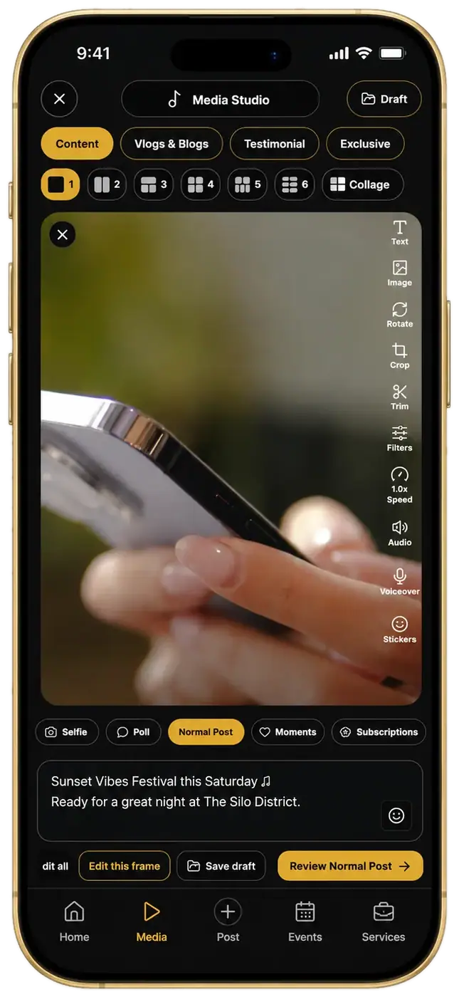 Current FomoGigs Media Studio interface in gold iPhone mockup
