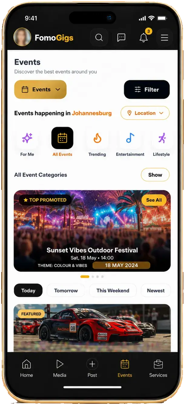 FomoGigs Events discovery app mockup