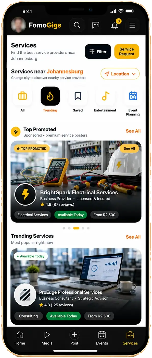 FomoGigs Services discovery mockup