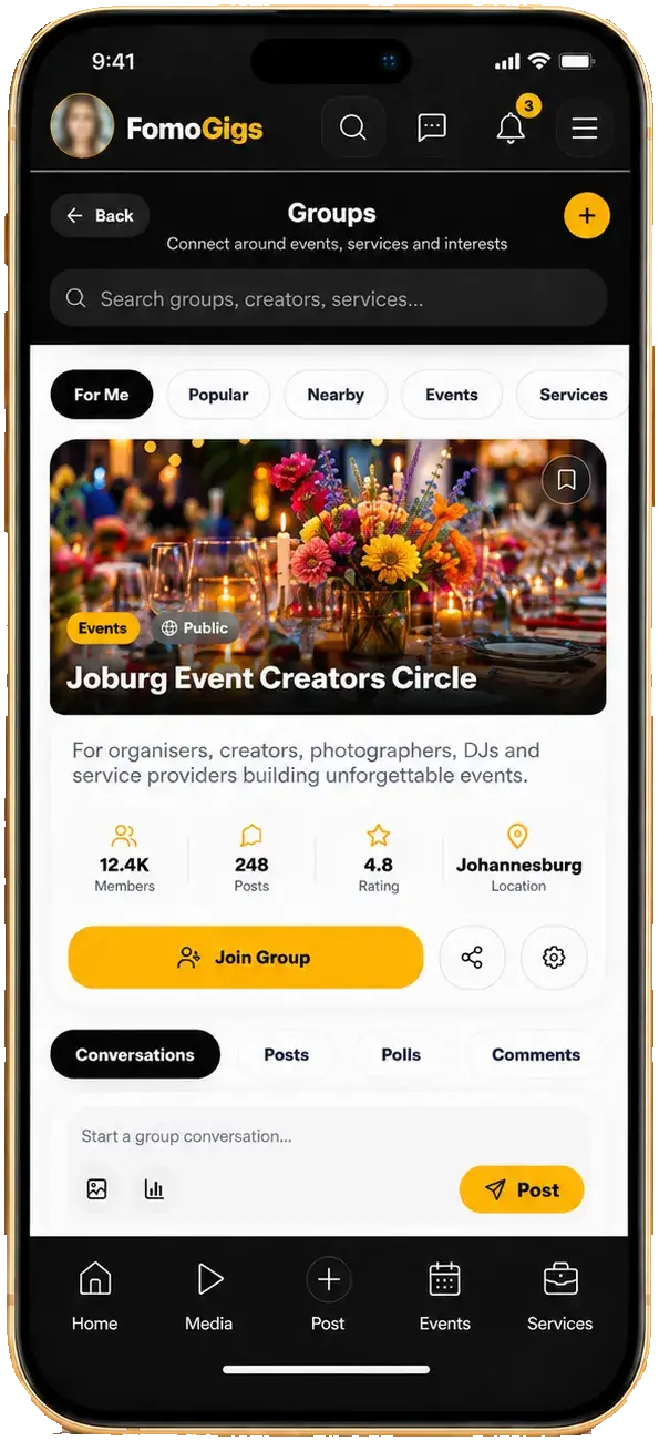 FomoGigs Groups screen