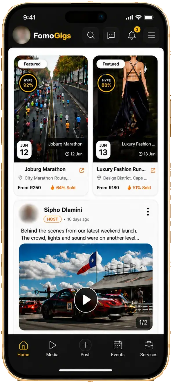 FomoGigs Home discovery app mockup