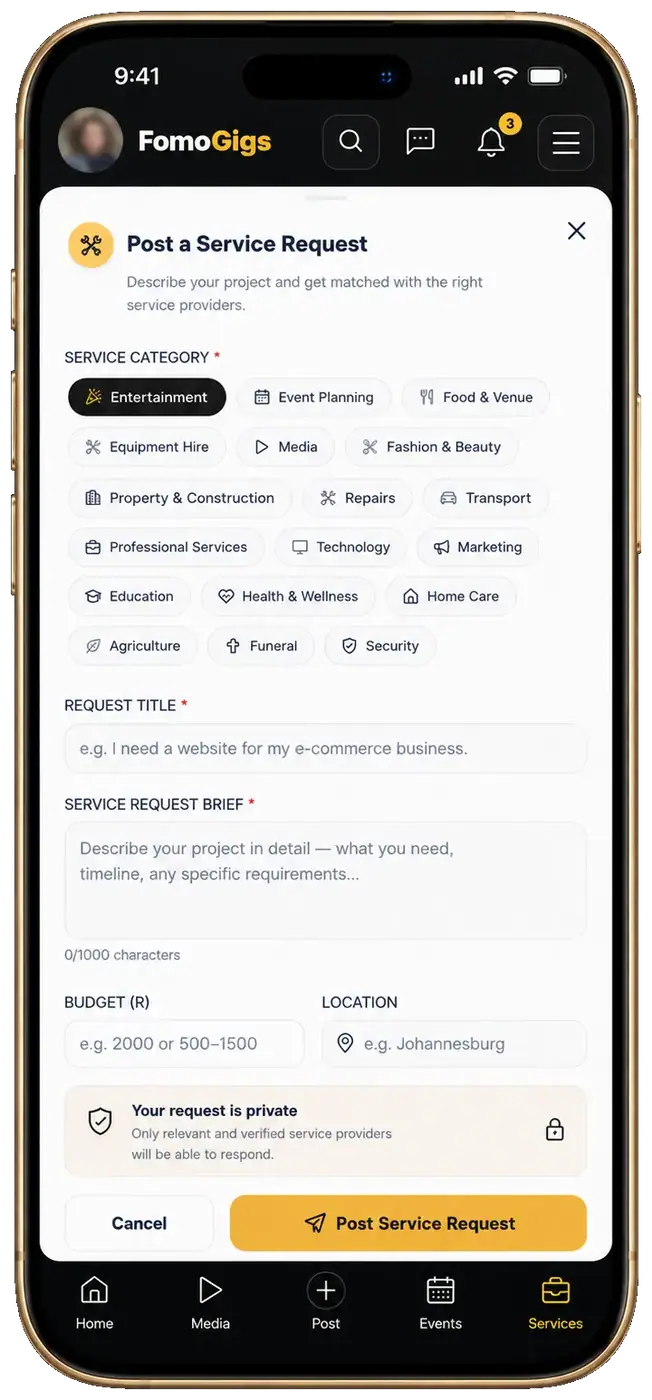 FomoGigs Post a Service Request form in gold iPhone mockup