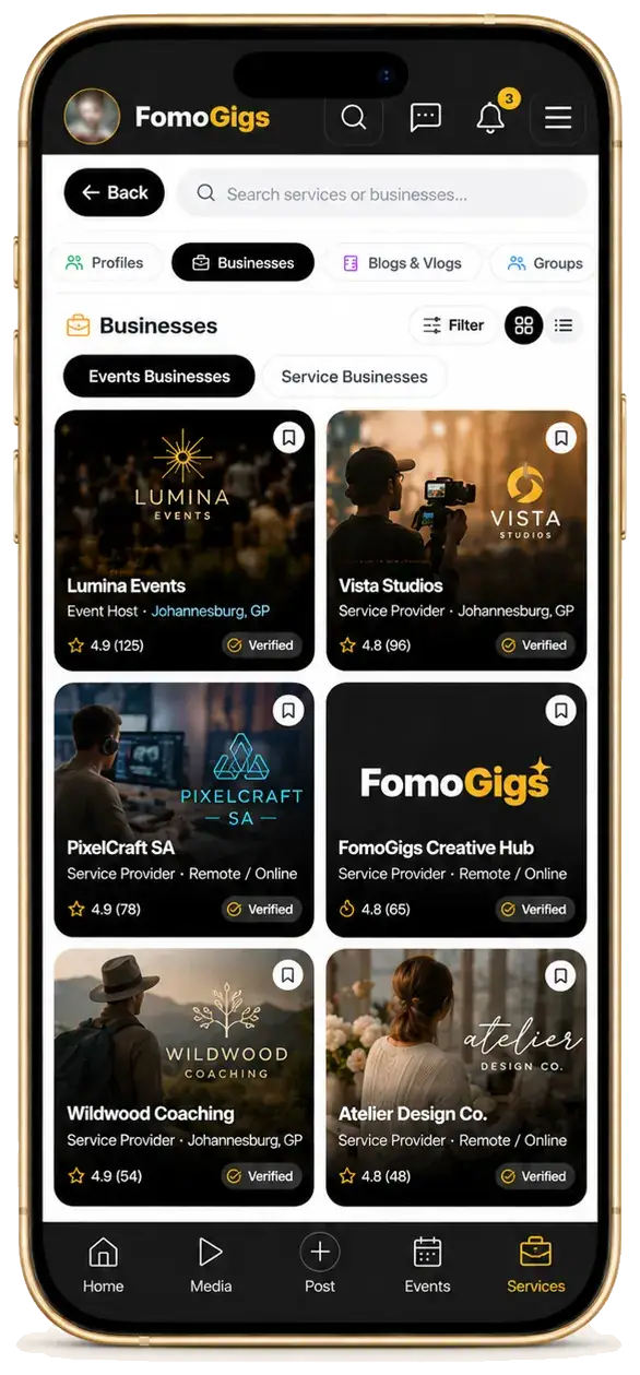 FomoGigs business discovery mockup